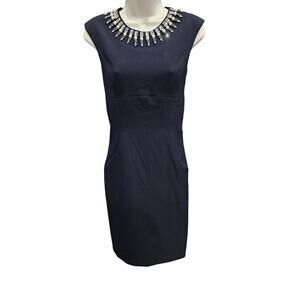 NWT vince camuto navy sheath dress beaded neckline rhinestone cocktail size 2